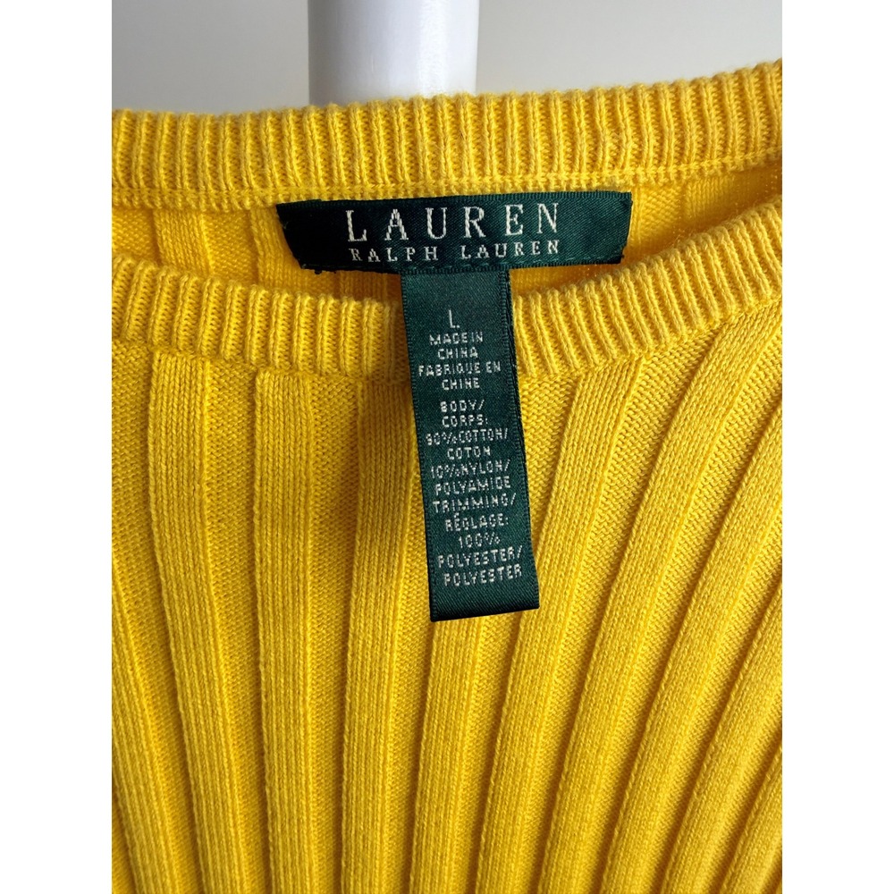 Lauren Ralph Lauren Yellow Ribbed Sweater Suede Shoulder Patch Gold Buttons L - Picture 4 of 6